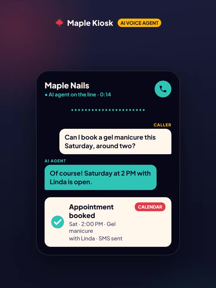 A call to Maple Nails: the caller asks for a gel manicure on Saturday around two, and the agent books 2 PM with Linda and sends a text.