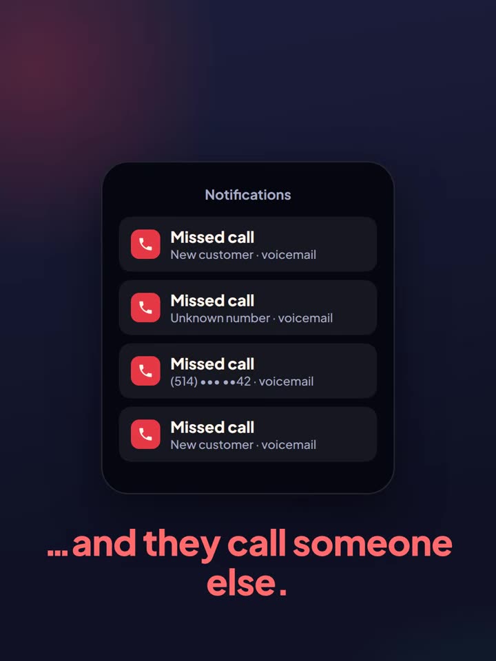 A phone's notifications: four missed calls, each sent to voicemail.