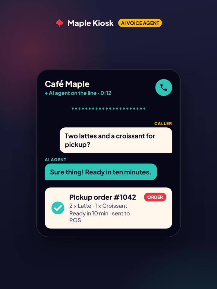 A call to Café Maple: two lattes and a croissant for pickup become order #1042, ready in ten minutes.