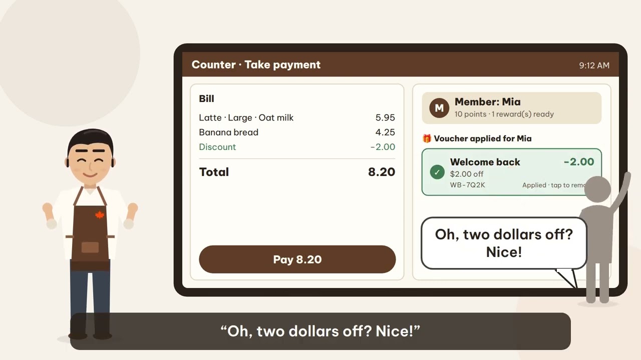 The counter screen applying a $2 welcome-back reward