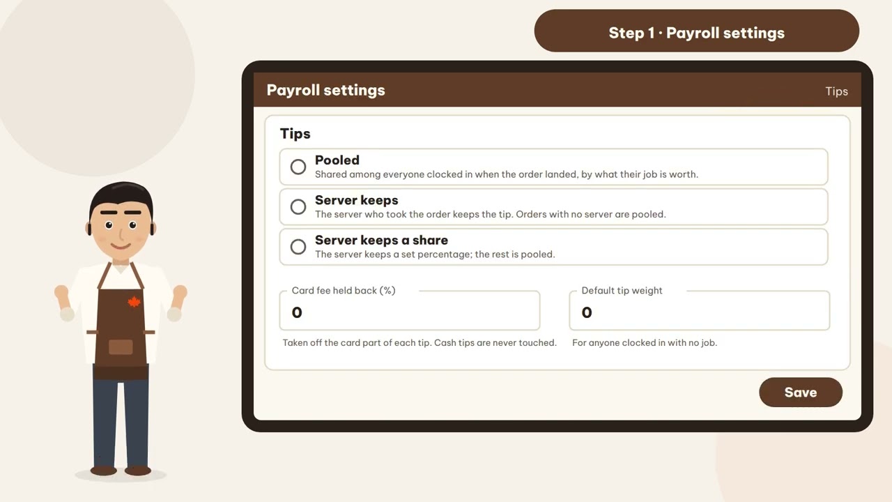 Tip settings: pooled, server keeps, or server keeps a share