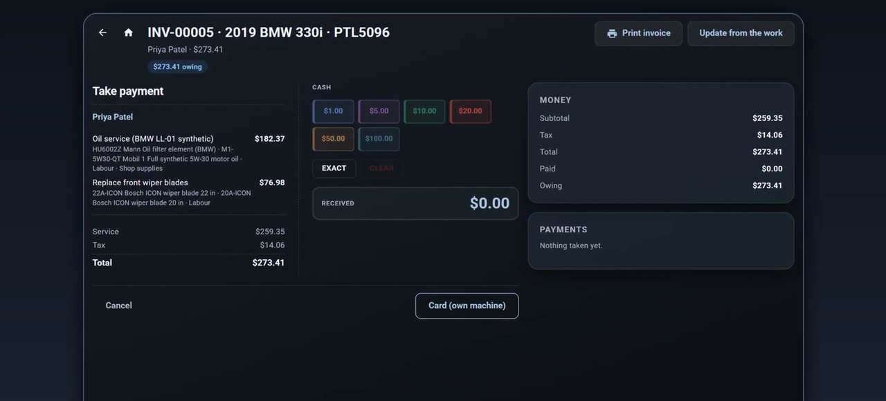 Invoice for a 2019 BMW 330i on the take-payment screen