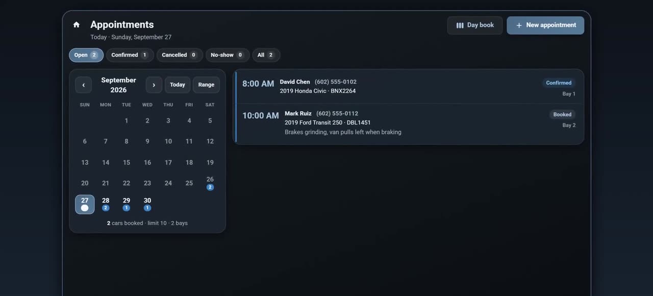 MagGarage appointments calendar with the day's bookings