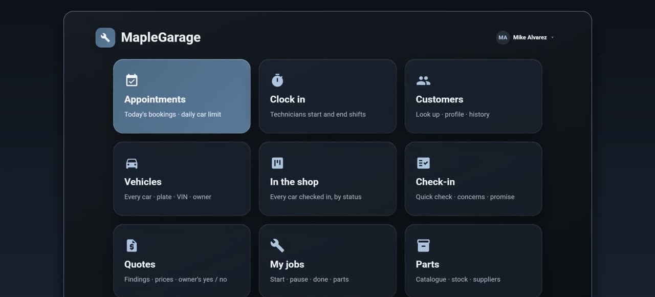 MagGarage home screen with large tiles for appointments, check-in, quotes, my jobs and parts