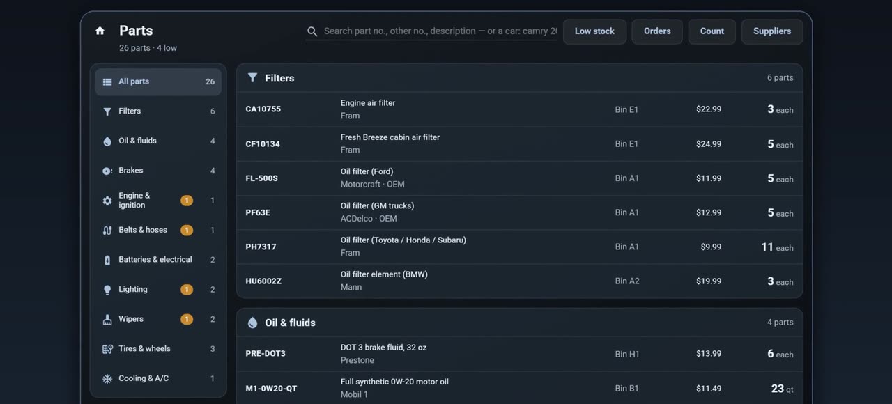 Parts catalogue by section with stock levels