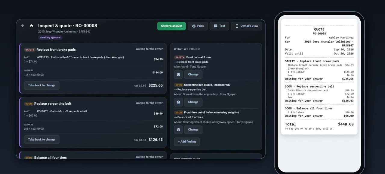 Inspect and quote screen with three jobs waiting for the owner, next to the quote on a phone