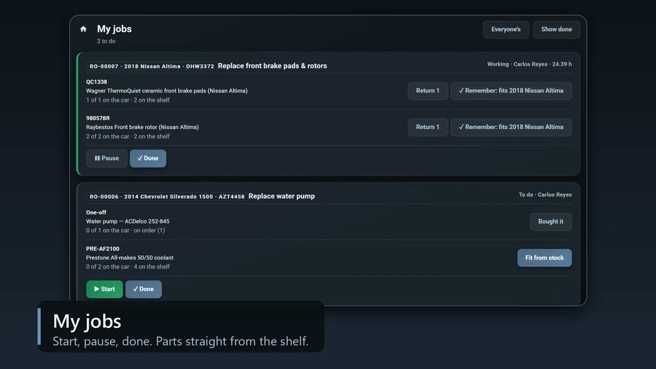 MagGarage: a technician's job list with the parts for each job