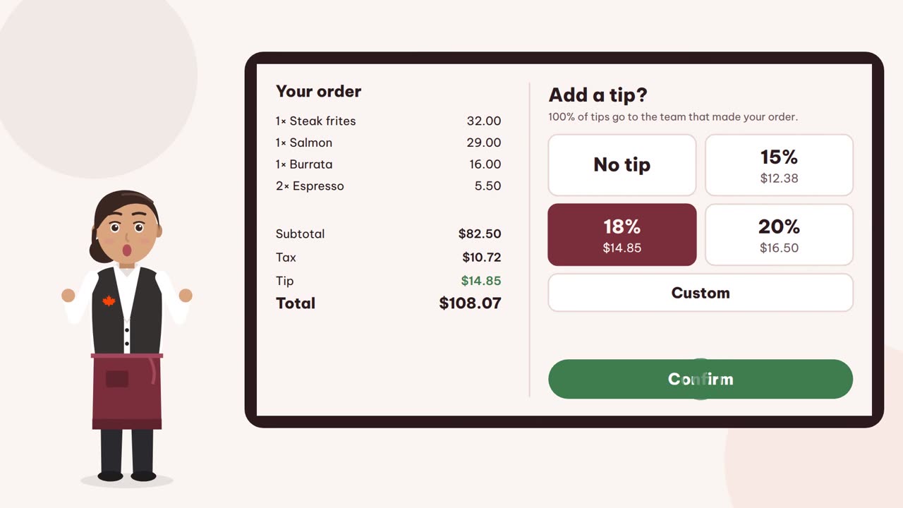 The tip screen: No tip, 15%, 18%, 20% or Custom