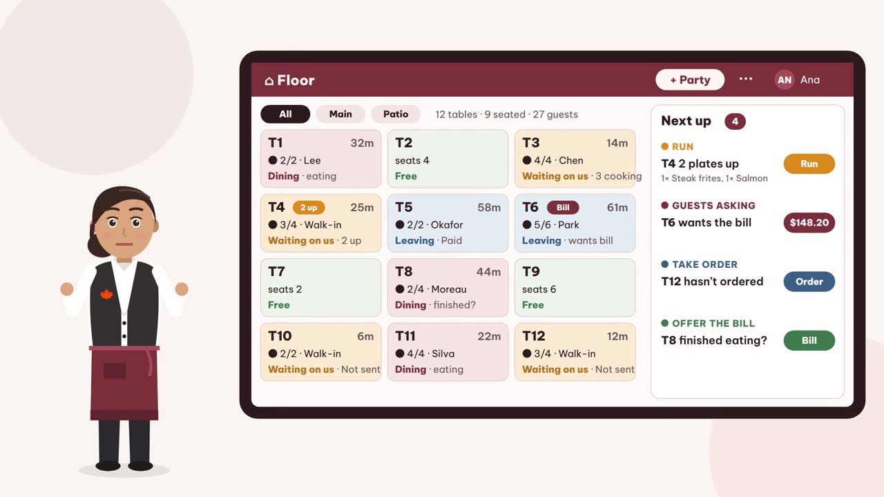 The MagPOS floor board: every table with its phase, guests and time, and a Next up list